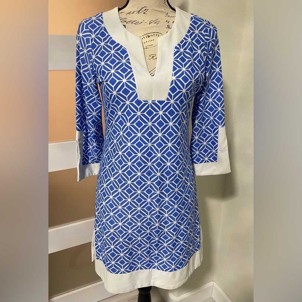 Jude Connally vibrant blue and white dress with 3/4 sleeve